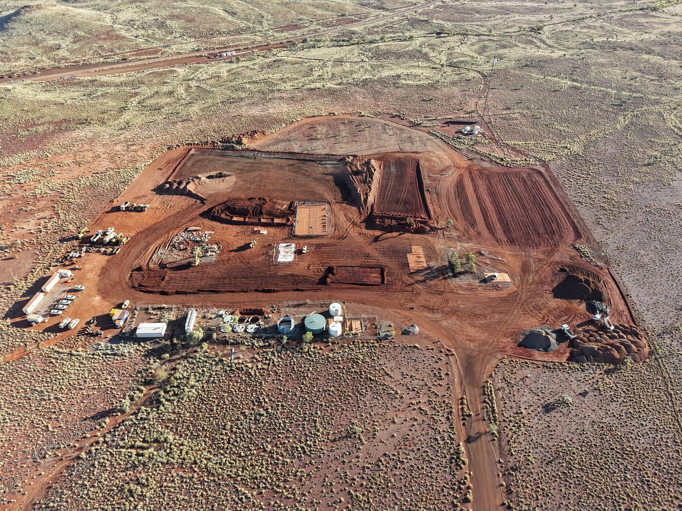 Aerial view of bulk earthworks and site establishment for a remote accommodation village