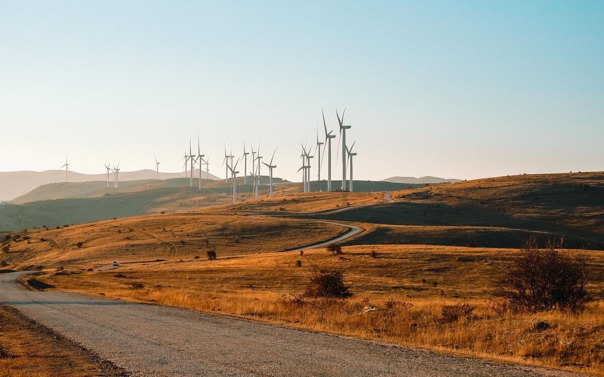 Wind farm on a ridgeline at golden light